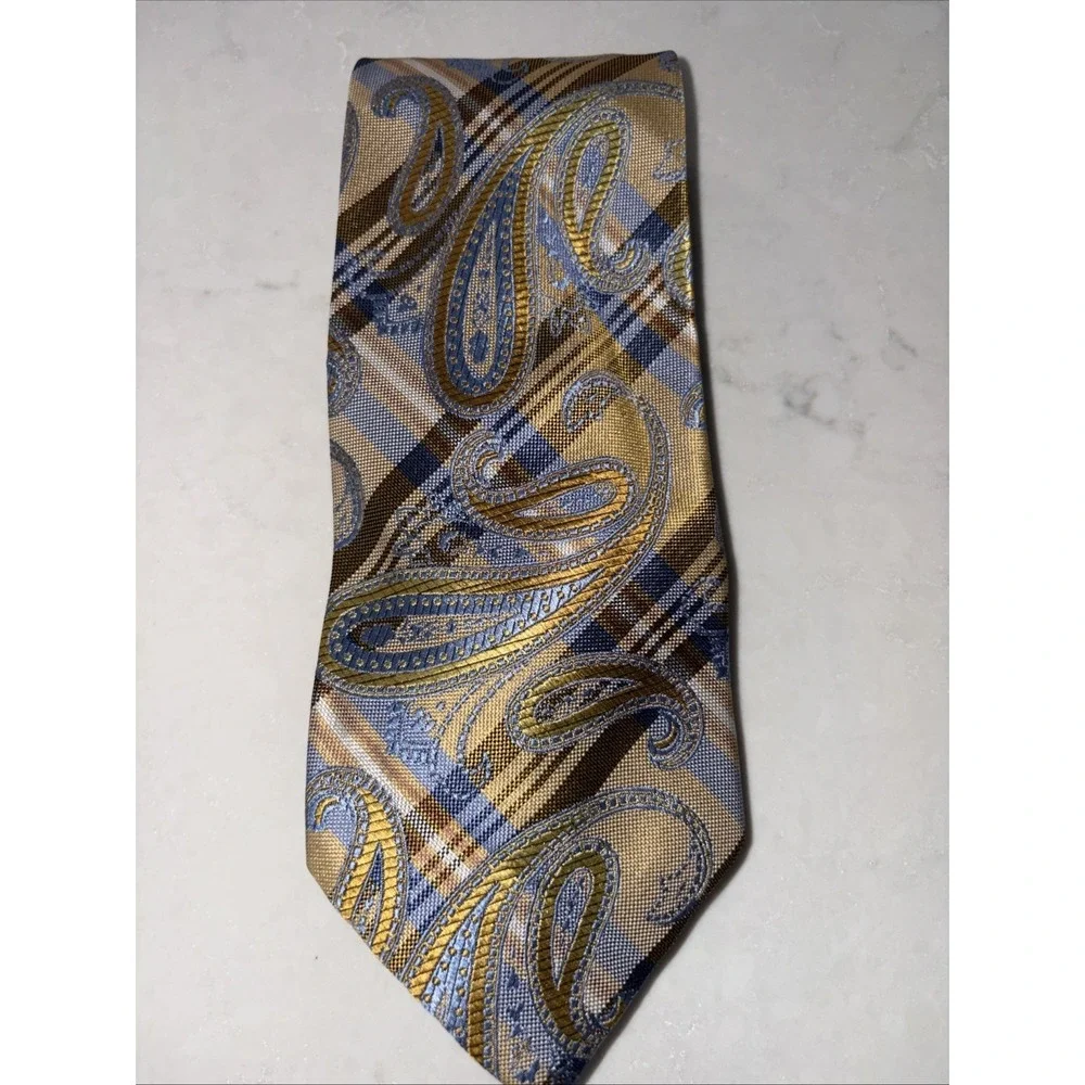 Bruno Piatelli Roma Made In Italy Men's Tie‎ 100% Silk Paisley Blue Checkered XL